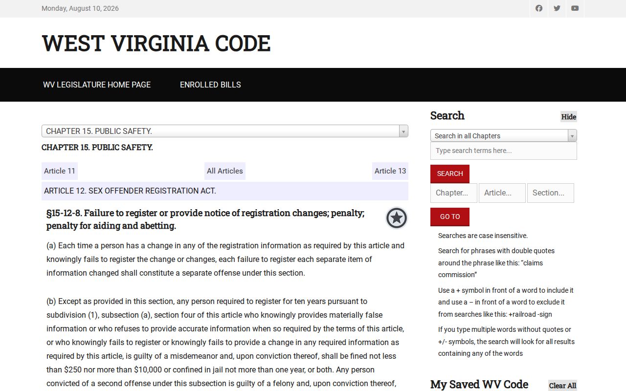 Camden-on-Gauley criminal records failure to register penalties