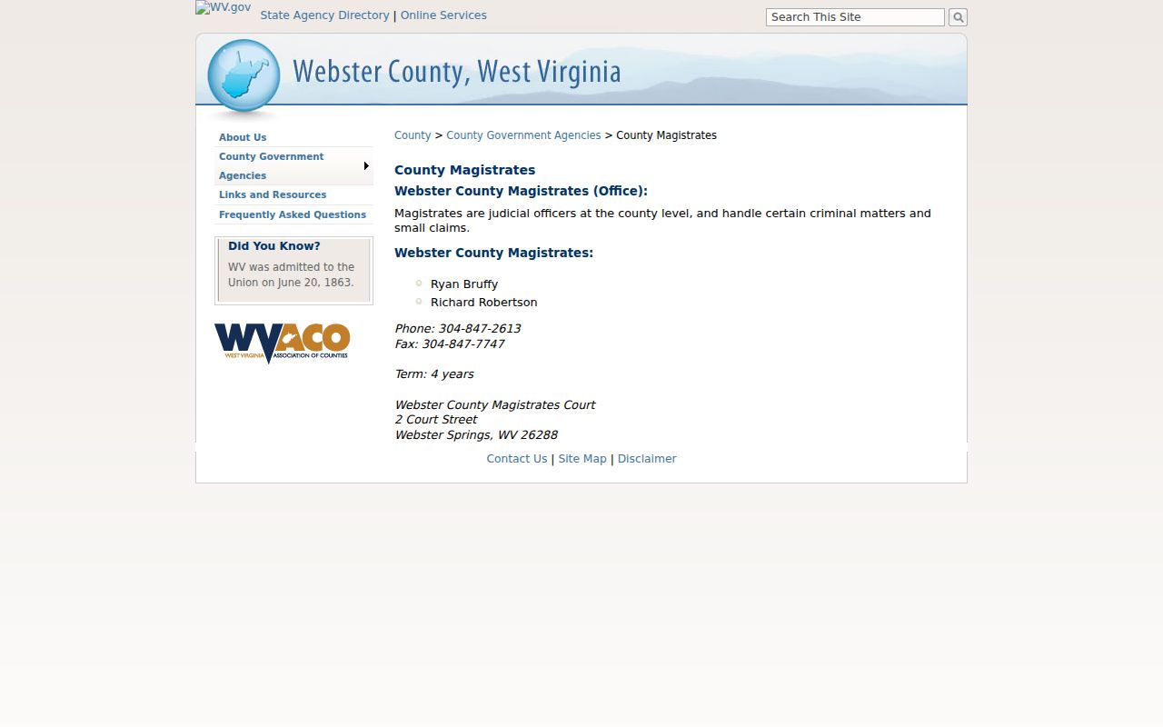 Webster County criminal court cases magistrate contact page