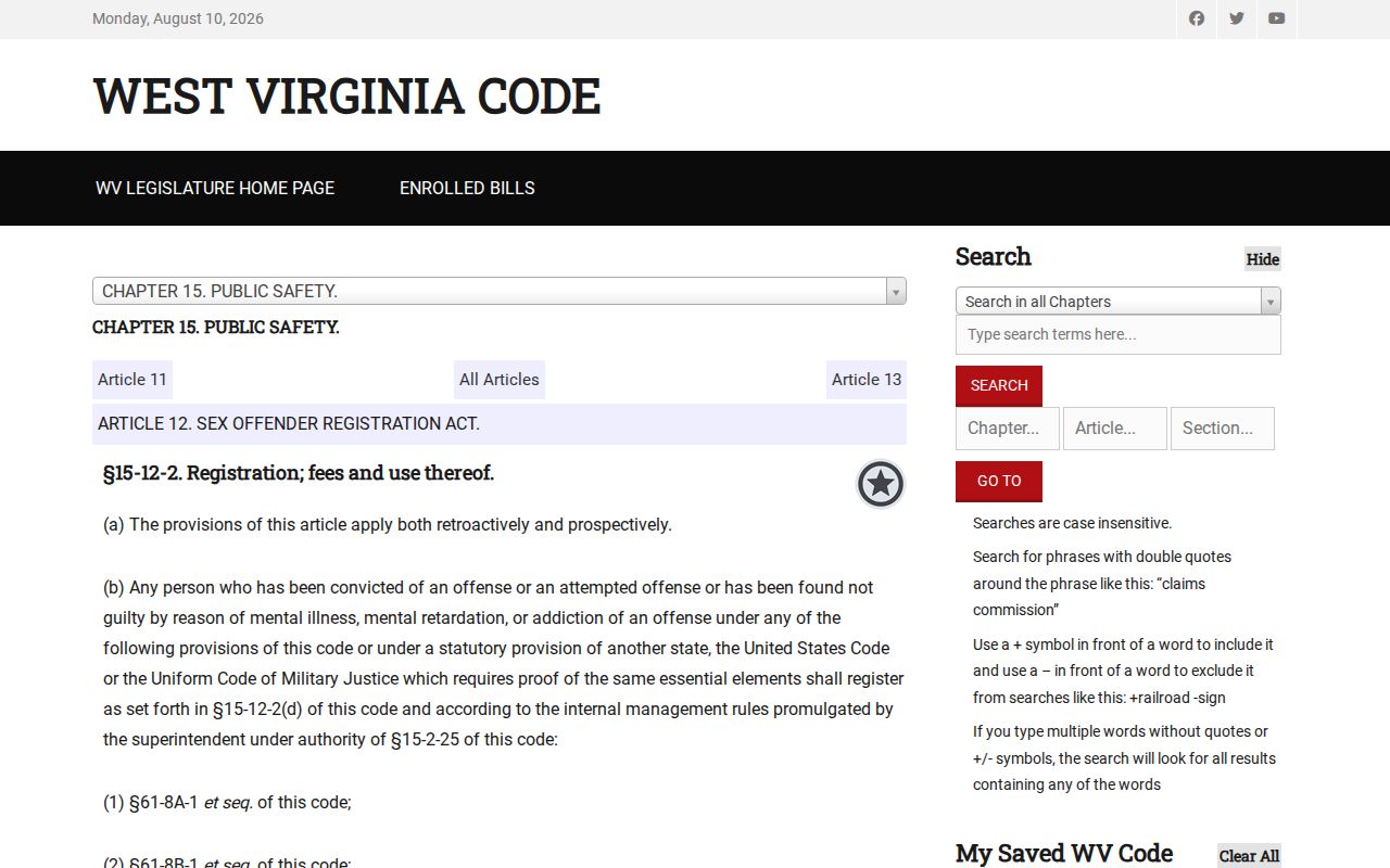 Registration requirements for Webster County sex offender records