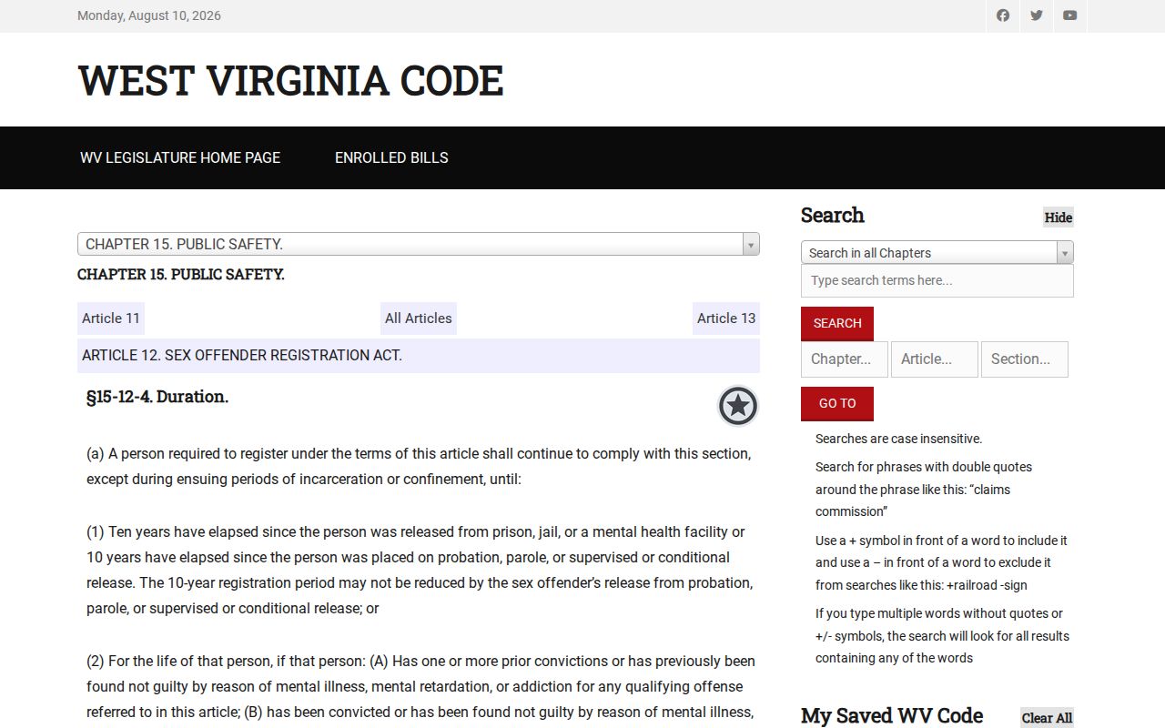 West Virginia duration rules for Webster County sex offender search