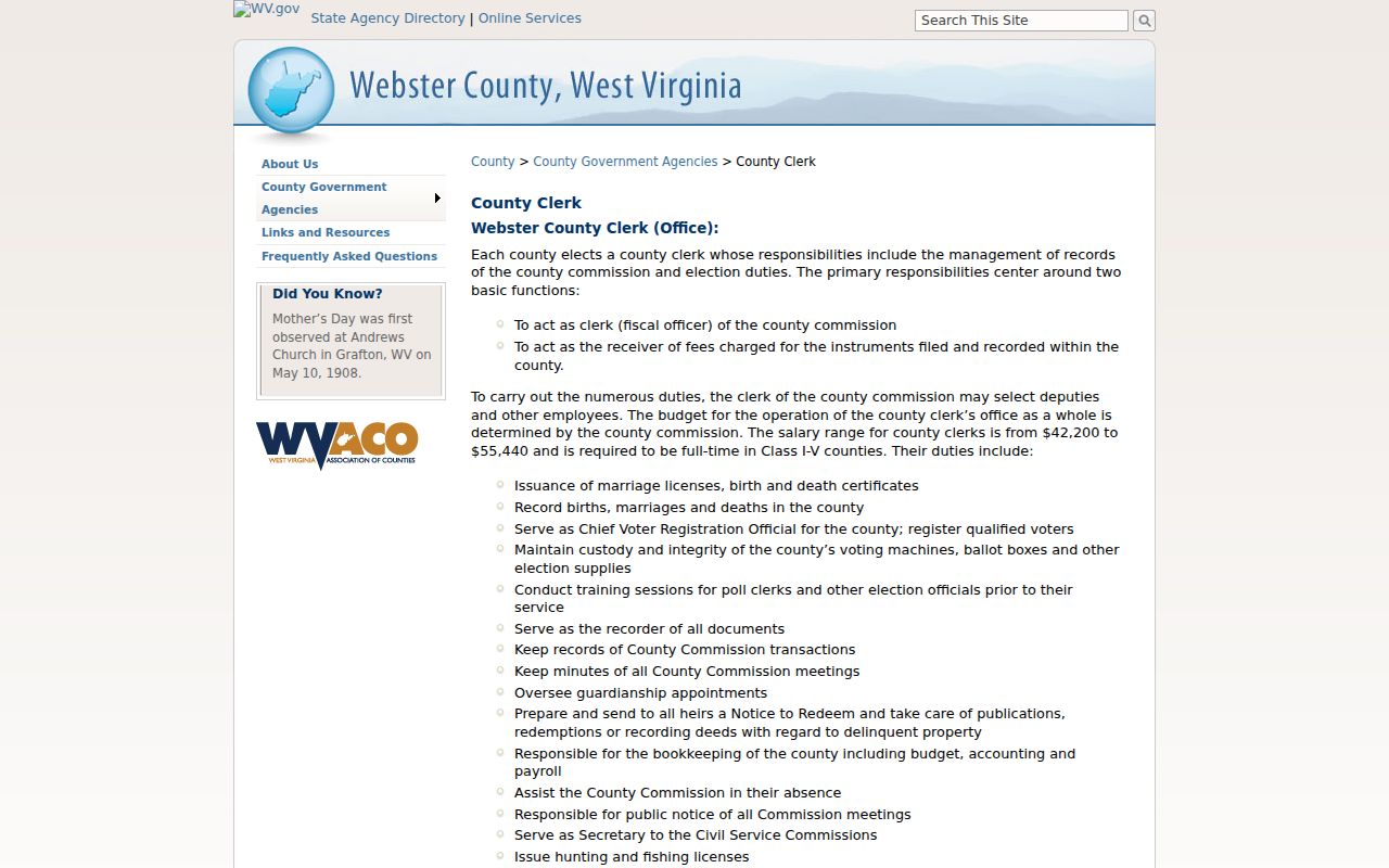 Webster Springs criminal records County Clerk contact page