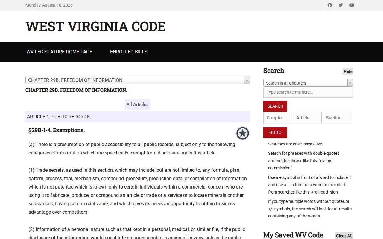 Webster Springs criminal records FOIA exemptions