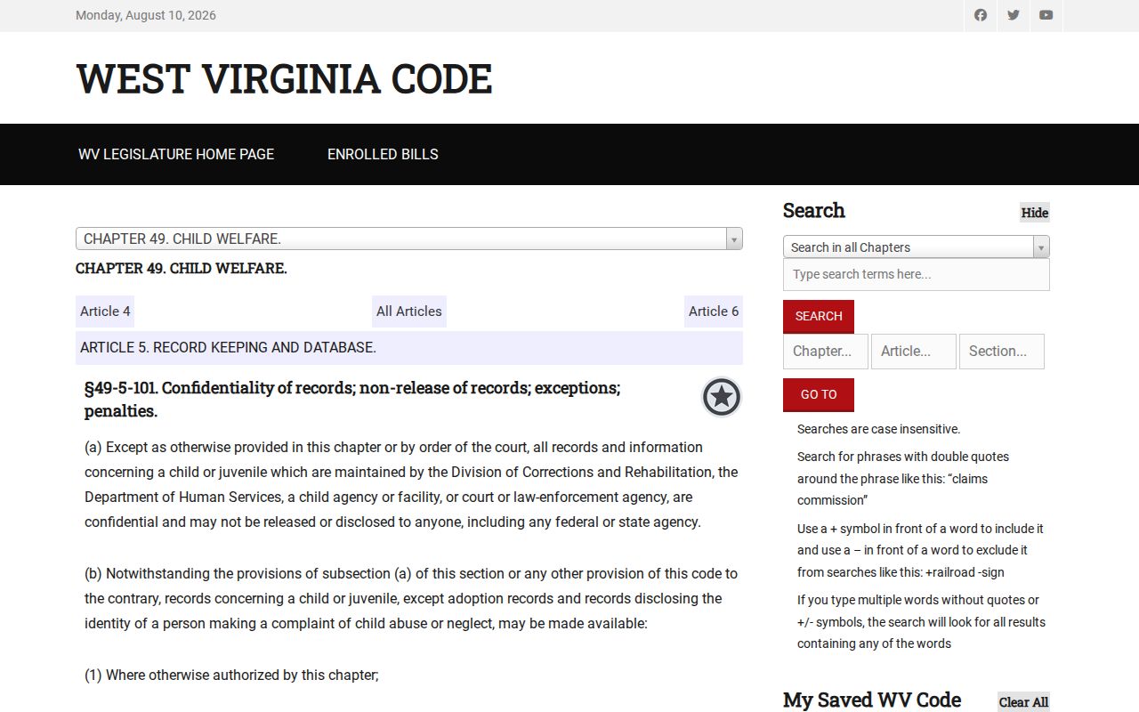 Webster Springs criminal records juvenile confidentiality law