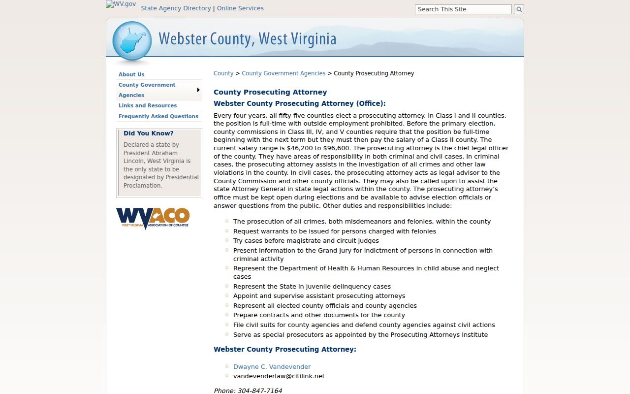 Webster Springs criminal records Prosecuting Attorney contact
